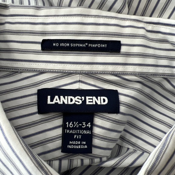 Lands' End Button Down Dress Shirt Men 16 ½ - 34 Blue White Striped Long Sleeve - Picture 3 of 13